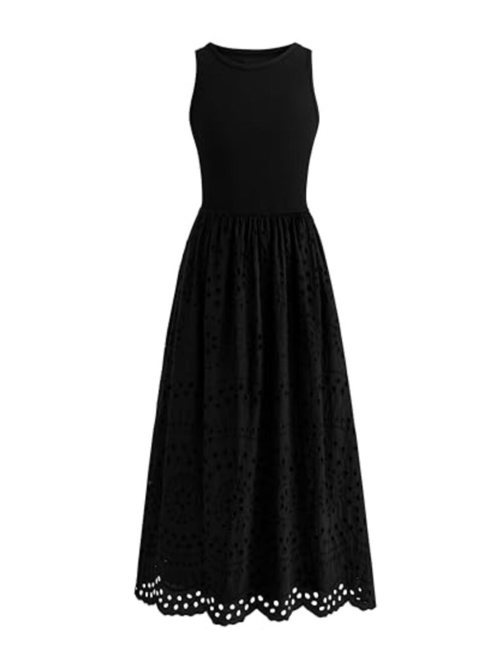 Sleeveless Lace Eyelet Cotton Maxi Dress with Pockets Boho High Waist Tank